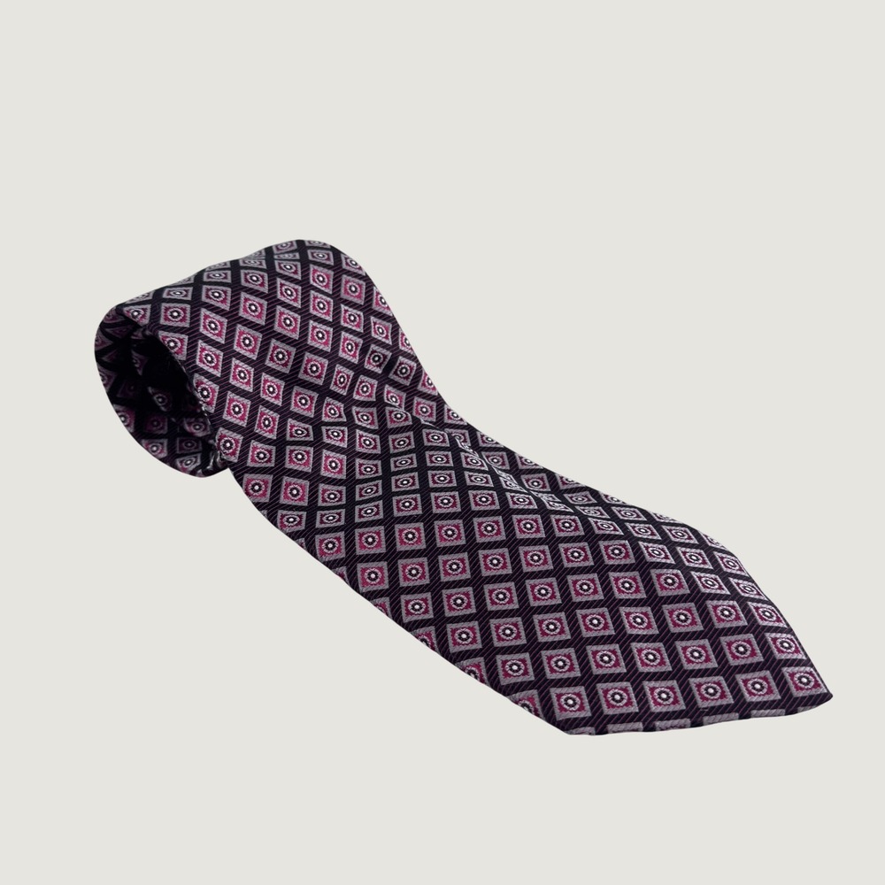 Paul Dione Mens Silk Necktie Geometric Medallion Pattern Burgundy Grey Career